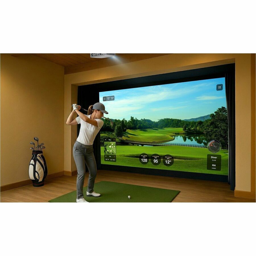 Optoma ZK521ST projecting a golf simulator course onto an impact screen