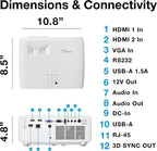 Optoma ZH451ST dimensions and rear connection panel: 2 HDMI, VGA, RS-232, USB-A, 12 V trigger, audio, RJ-45, 3D sync