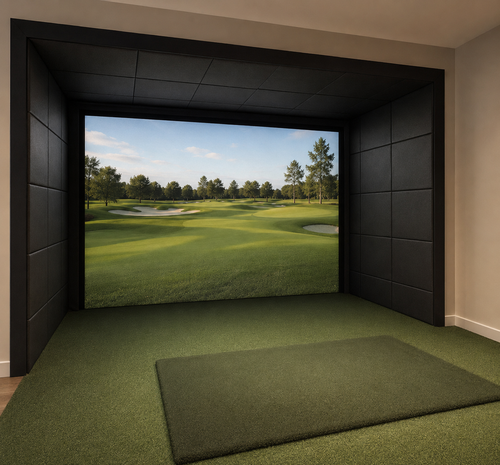 Golf simulator bay with black padding covering the ceiling and both side walls around a retractable screen